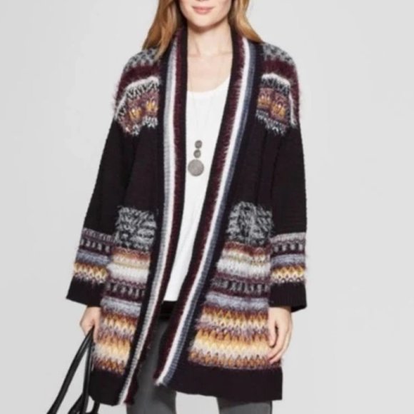 Knox Rose Oversized Multi-Color Striped Long Fuzzy Open Knit Cardigan Sz XS - Picture 3 of 15